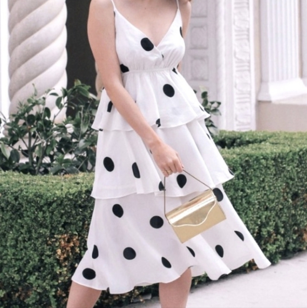 New O.P.T Cava Tiered Black Polka-dot Midi Dress In White Sz S